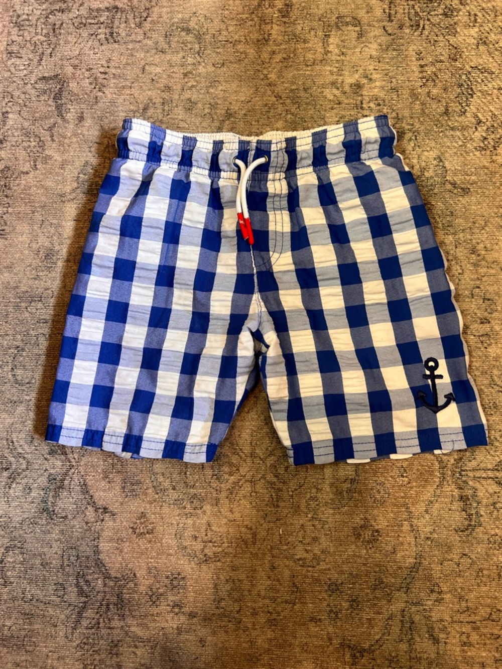 Cat & Jack, boy's size 5T gingham blue seersucker swim trunks with liner